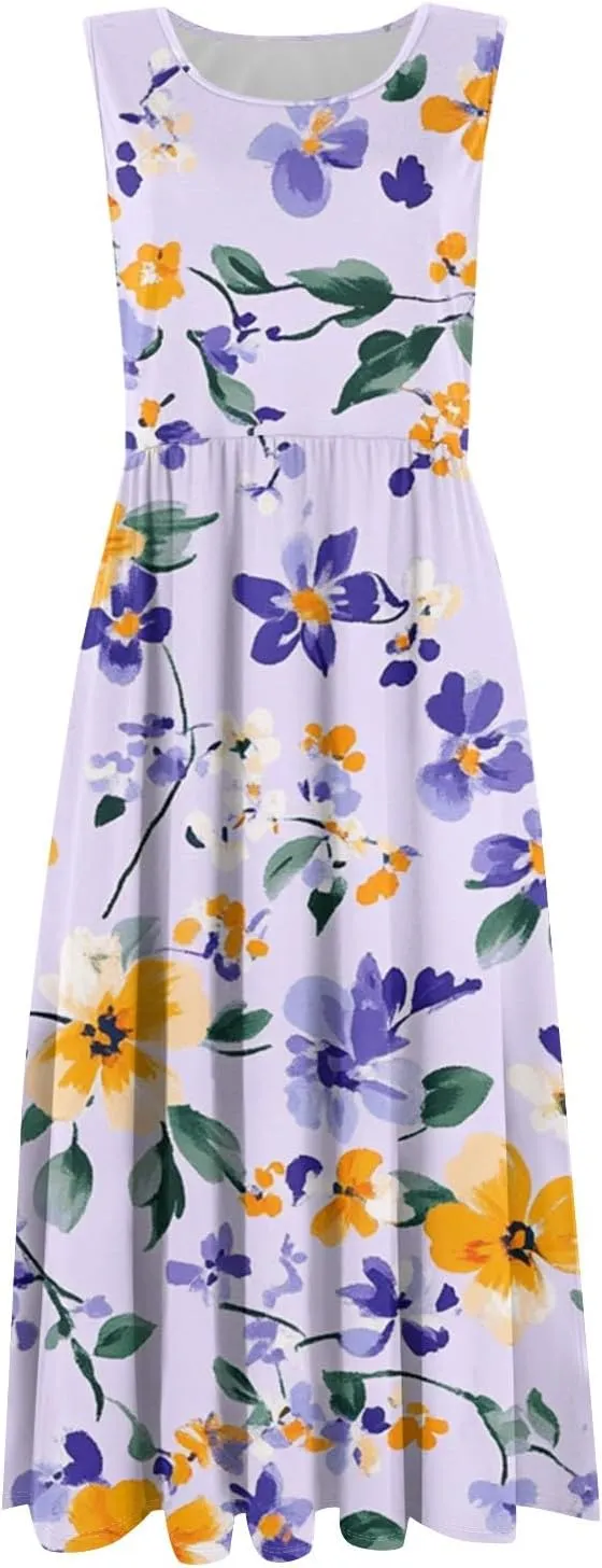 Summer Dress for Women Crewneck Sleeveless A-Line Tank Midi Dress Boho Floral Print Beach Sundresses with Pockets