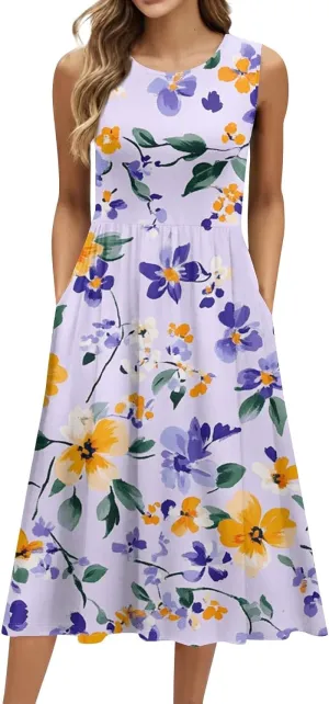 Summer Dress for Women Crewneck Sleeveless A-Line Tank Midi Dress Boho Floral Print Beach Sundresses with Pockets