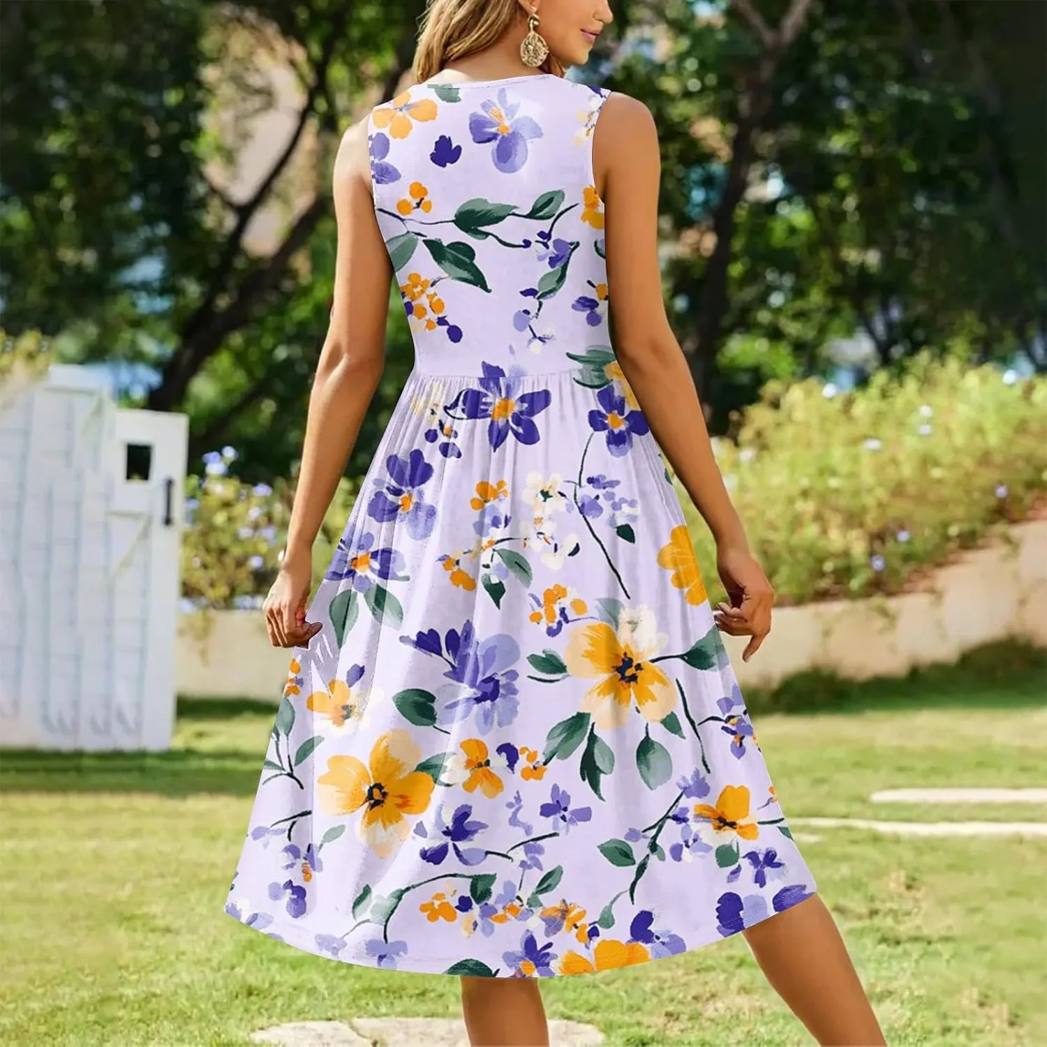 Summer Dress for Women Crewneck Sleeveless A-Line Tank Midi Dress Boho Floral Print Beach Sundresses with Pockets