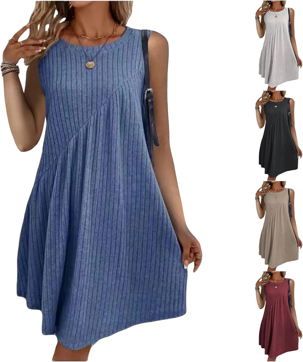 Summer Dress for Women Textured Sleeveless Mini Dress Knee Length Flowy Tank Dresses A Line Beach Vacation Sundress