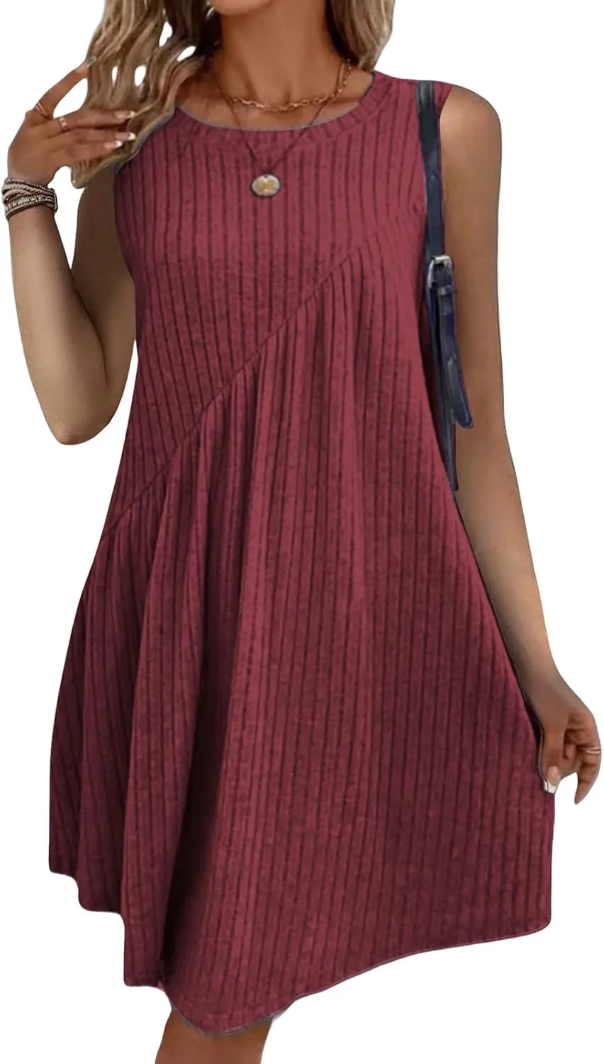 Summer Dress for Women Textured Sleeveless Mini Dress Knee Length Flowy Tank Dresses A Line Beach Vacation Sundress