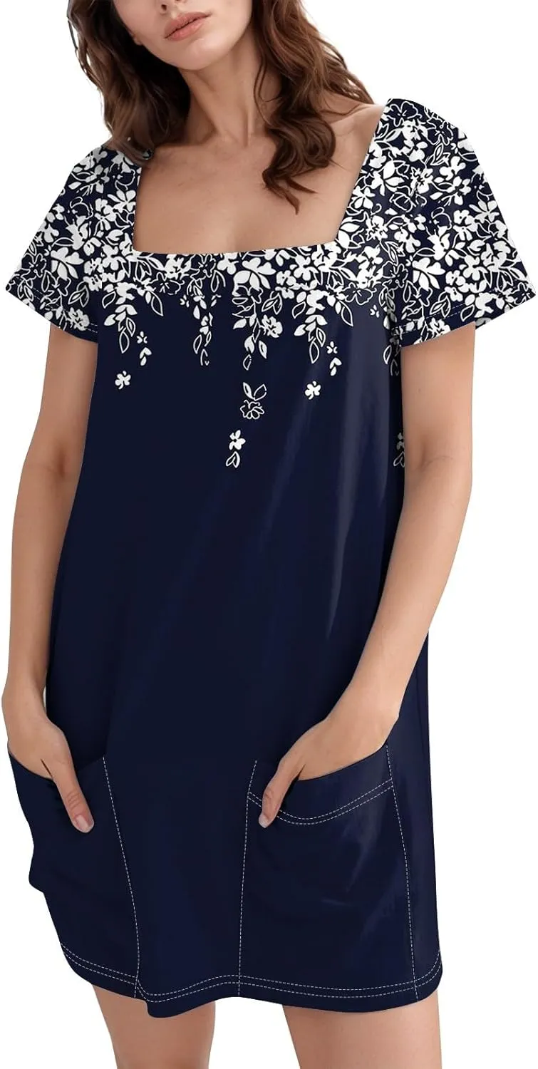 Summer Dress T-Shirt Dress Short Sleeve Square Neck Plus Size Dresses for Curvy Women Fashion Mini Dress with Pockets