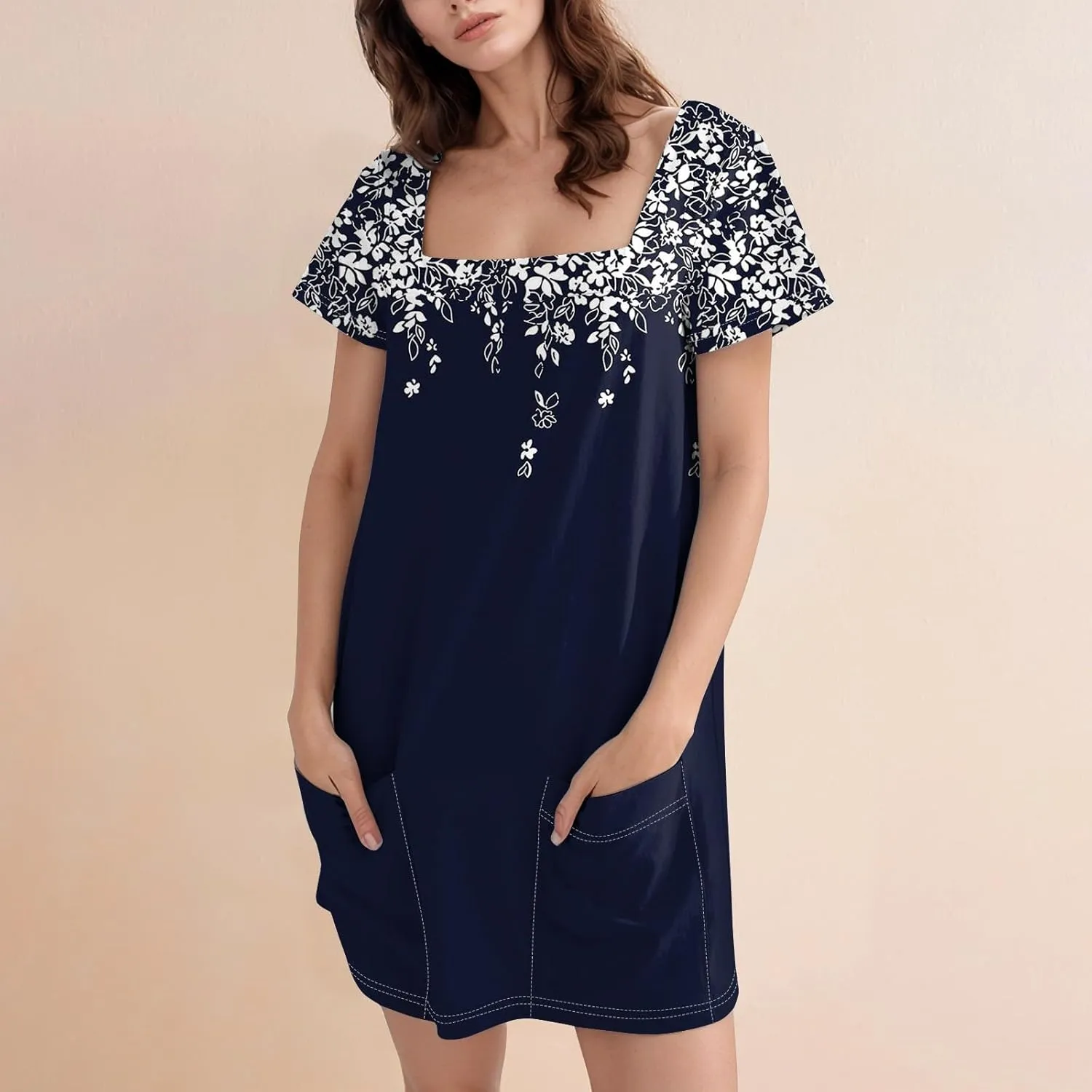 Summer Dress T-Shirt Dress Short Sleeve Square Neck Plus Size Dresses for Curvy Women Fashion Mini Dress with Pockets