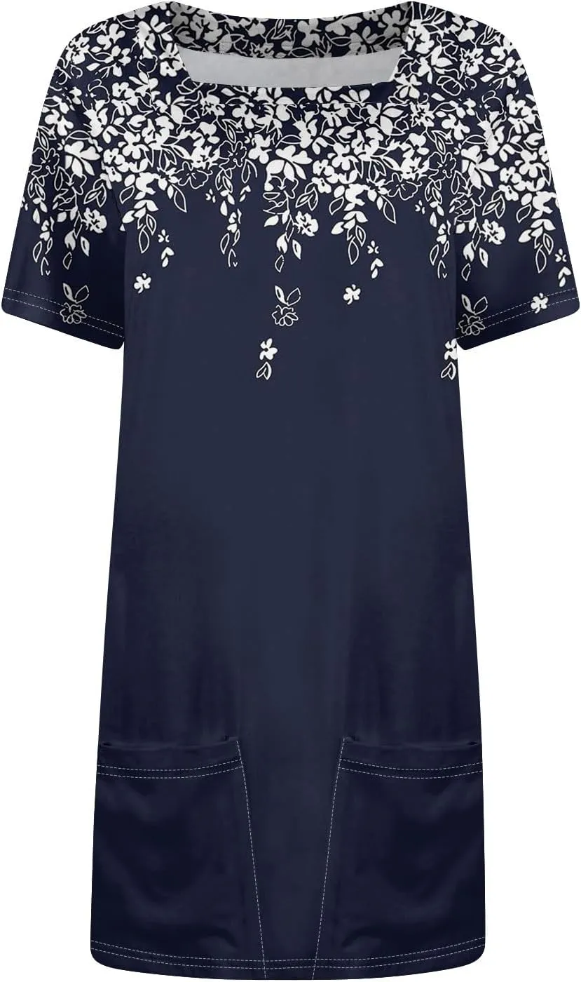 Summer Dress T-Shirt Dress Short Sleeve Square Neck Plus Size Dresses for Curvy Women Fashion Mini Dress with Pockets