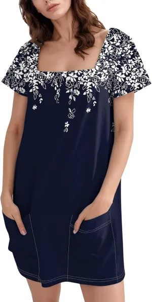 Summer Dress T-Shirt Dress Short Sleeve Square Neck Plus Size Dresses for Curvy Women Fashion Mini Dress with Pockets