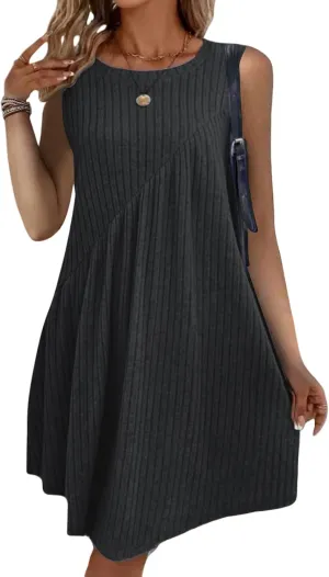 Summer Dresses for Women 2025 Boho Textured Crewneck Sleeveless Dresses Loose Fit Solid Color Casual Sundress