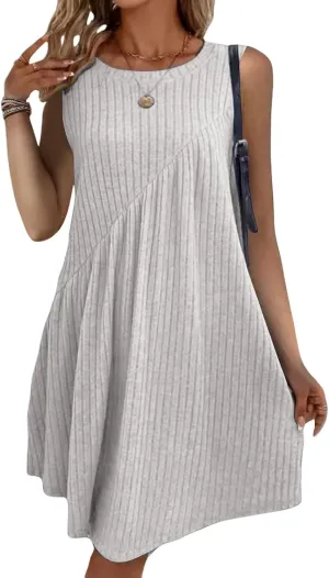 Summer Dresses for Women 2025 Boho Textured Crewneck Sleeveless Dresses Loose Fit Solid Color Casual Sundress