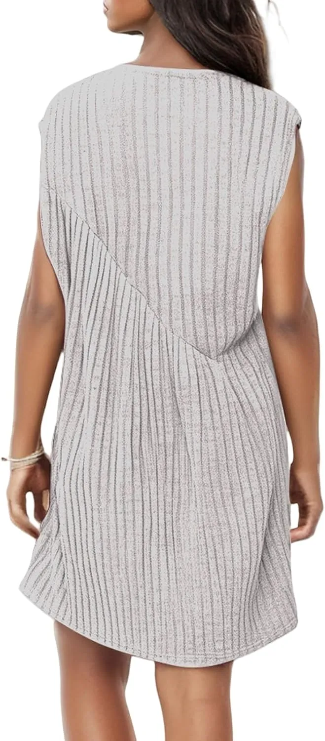 Summer Dresses for Women 2025 Boho Textured Crewneck Sleeveless Dresses Loose Fit Solid Color Casual Sundress