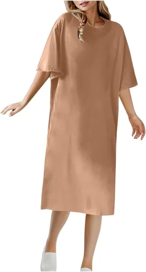 Summer Dresses for Women 2025 Casual Short Sleeve Crewneck Basic Tshirt Dress Loose Shift Midi Dresses