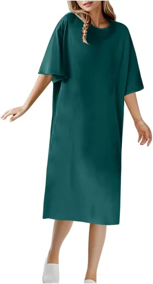 Summer Dresses for Women 2025 Casual Short Sleeve Crewneck Basic Tshirt Dress Loose Shift Midi Dresses