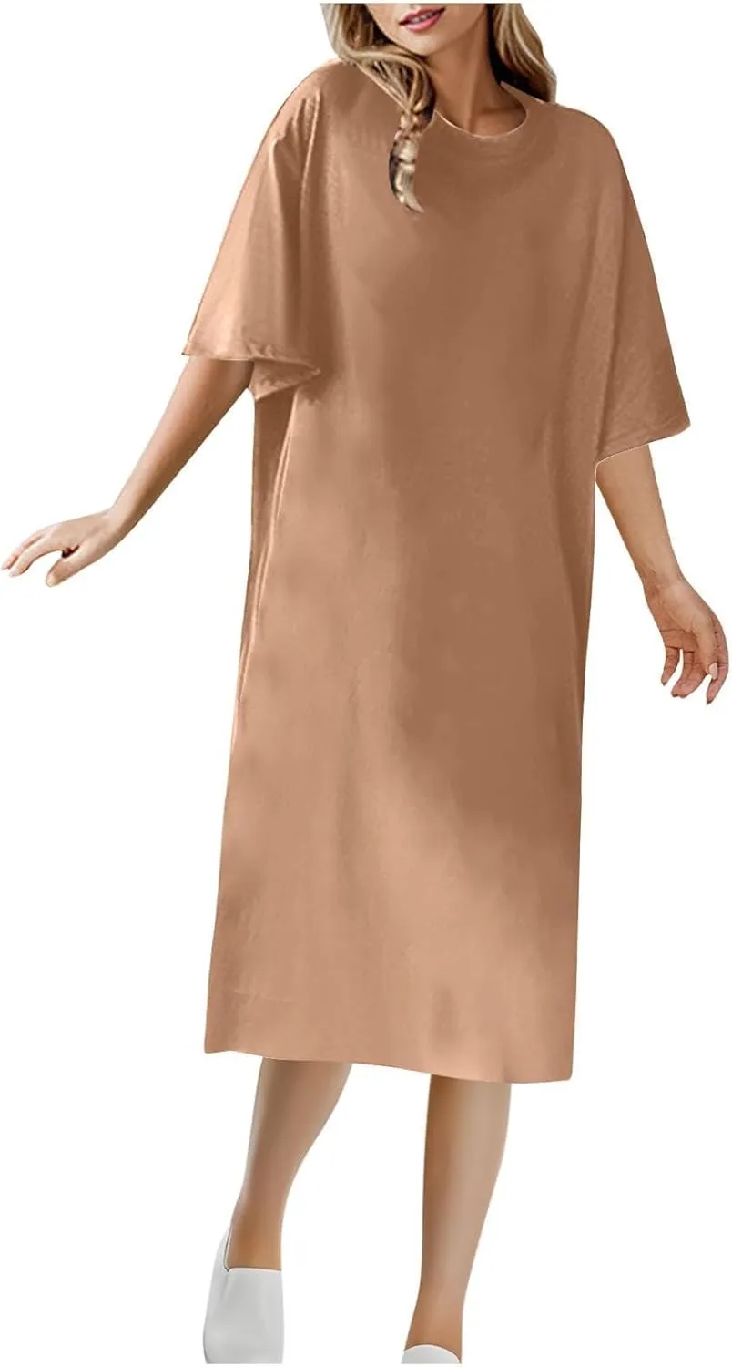 Summer Dresses for Women 2025 Casual Short Sleeve Crewneck Basic Tshirt Dress Loose Shift Midi Dresses