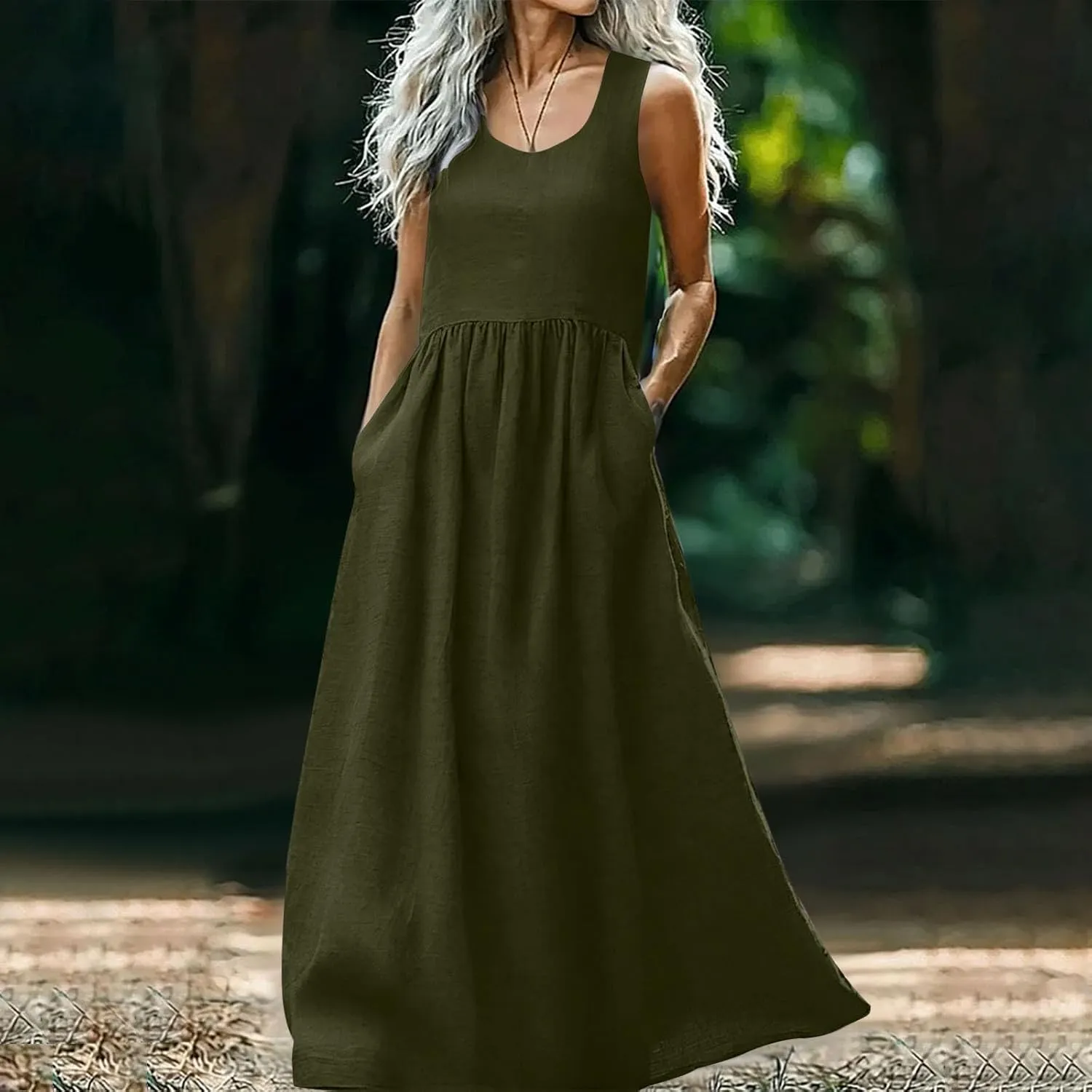 Summer Dresses for Women 2025 Casual Sleeveless Solid Color Sundress Loose Fit Round Neck Vacation Beach Dress