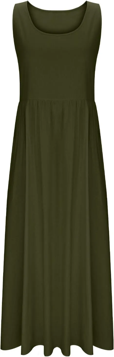 Summer Dresses for Women 2025 Casual Sleeveless Solid Color Sundress Loose Fit Round Neck Vacation Beach Dress