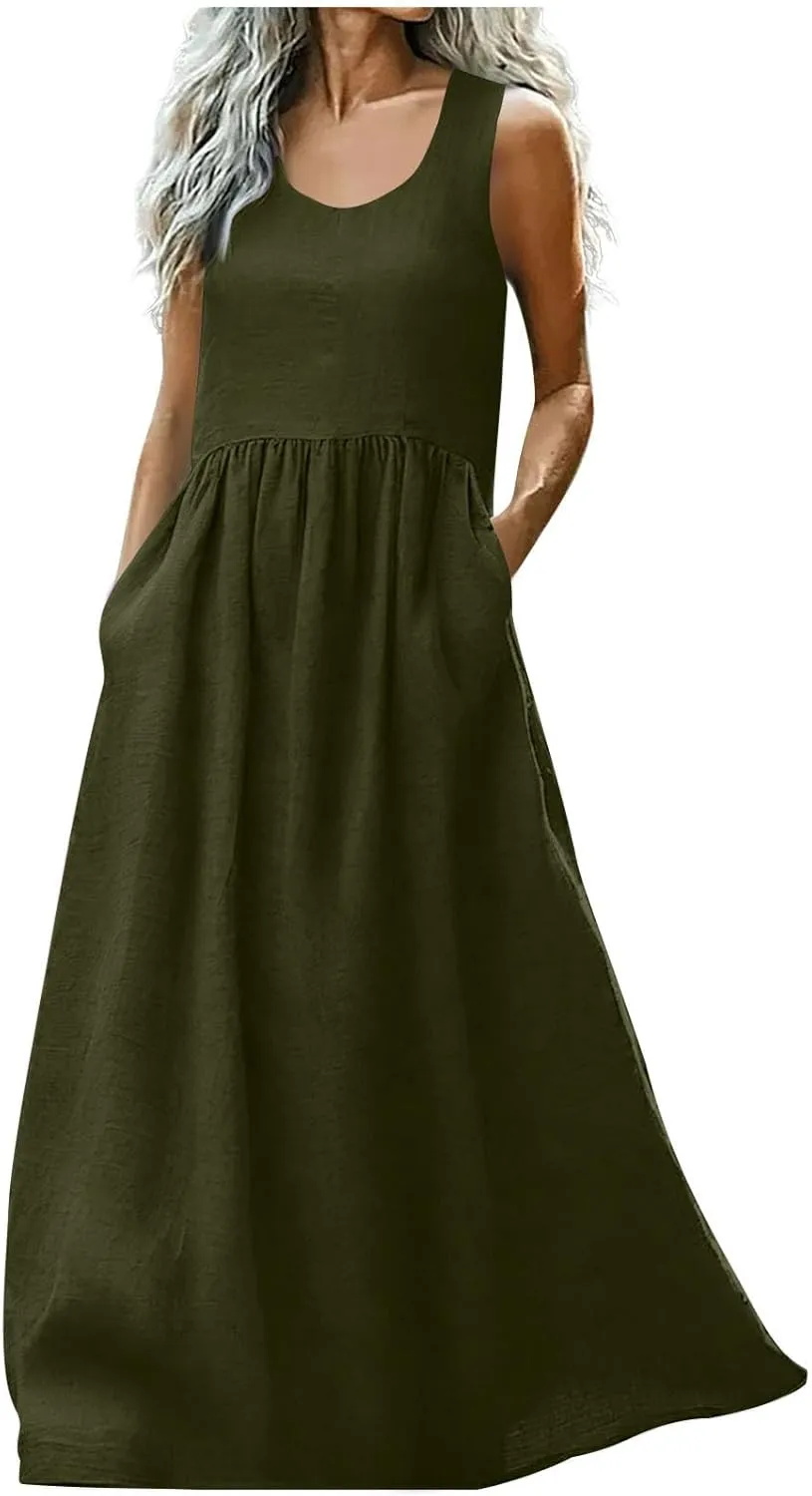 Summer Dresses for Women 2025 Casual Sleeveless Solid Color Sundress Loose Fit Round Neck Vacation Beach Dress