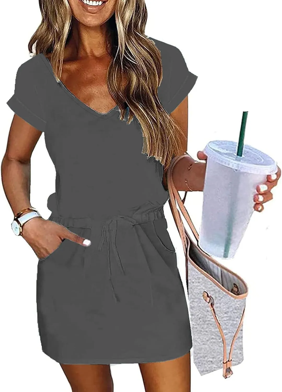 Summer Dresses for Women 2025 Casual V-Neck Short Sleeve Sundress Ladies Fashion Work Mini Dresses with Pockets