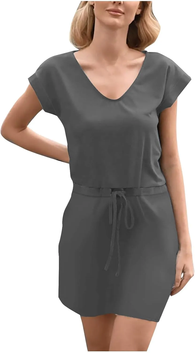 Summer Dresses for Women 2025 Casual V-Neck Short Sleeve Sundress Ladies Fashion Work Mini Dresses with Pockets
