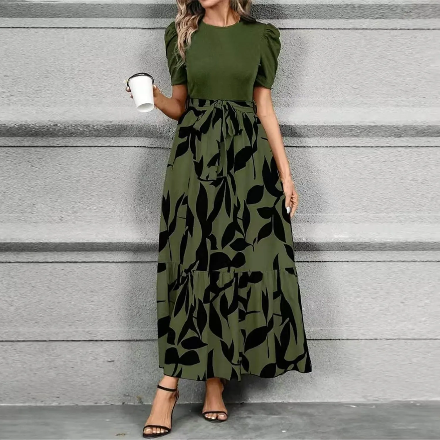 Summer Dresses for Women 2025 Fashion Maxi Dress Ruffle Short Sleeve Casual Floral Print Long Flowy Dresses