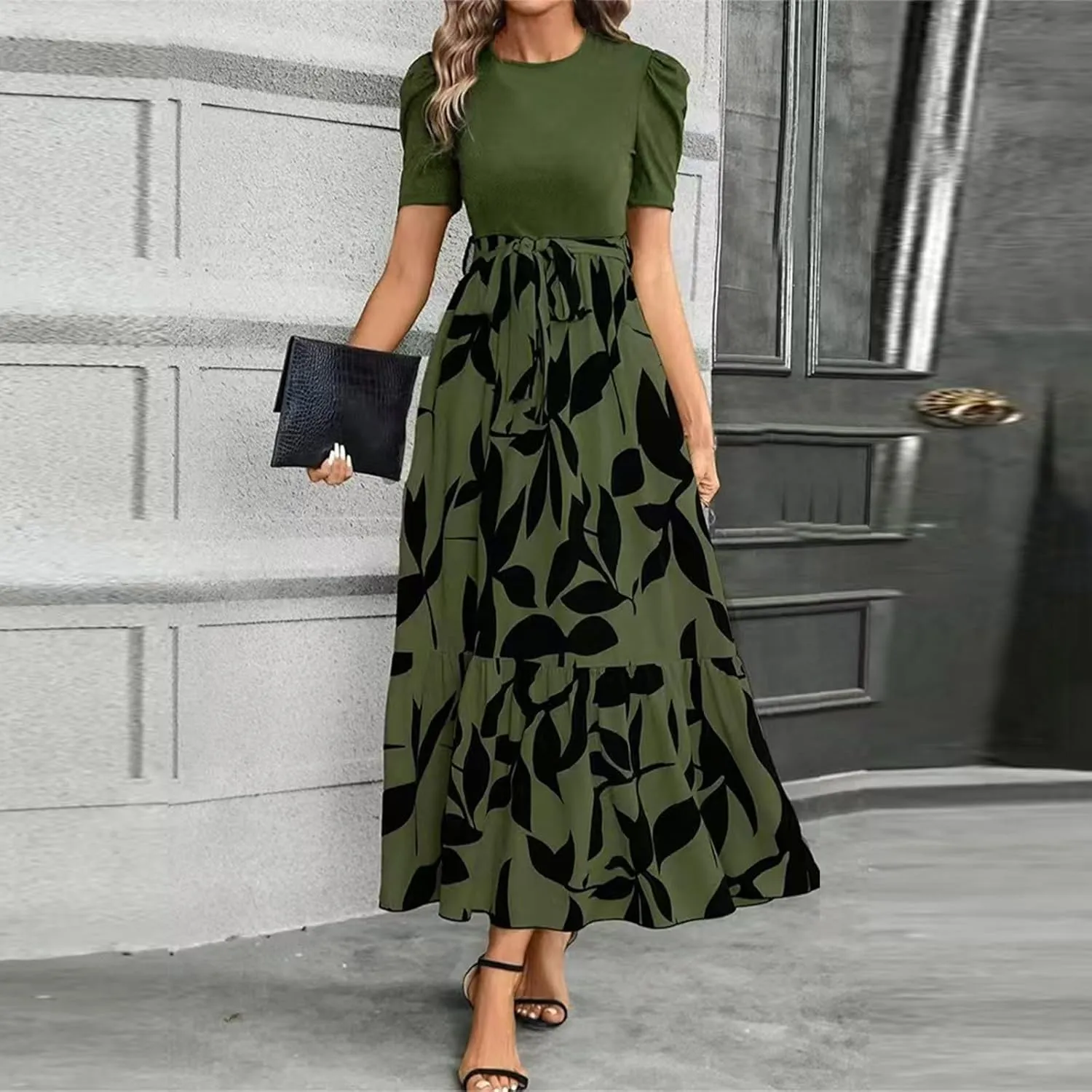 Summer Dresses for Women 2025 Fashion Maxi Dress Ruffle Short Sleeve Casual Floral Print Long Flowy Dresses
