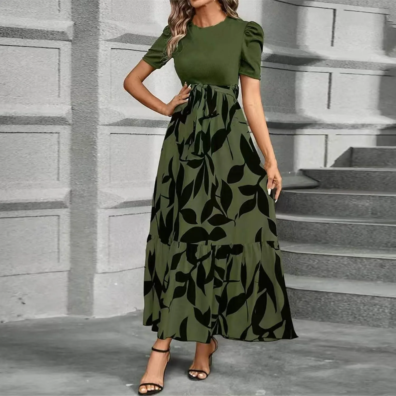 Summer Dresses for Women 2025 Fashion Maxi Dress Ruffle Short Sleeve Casual Floral Print Long Flowy Dresses