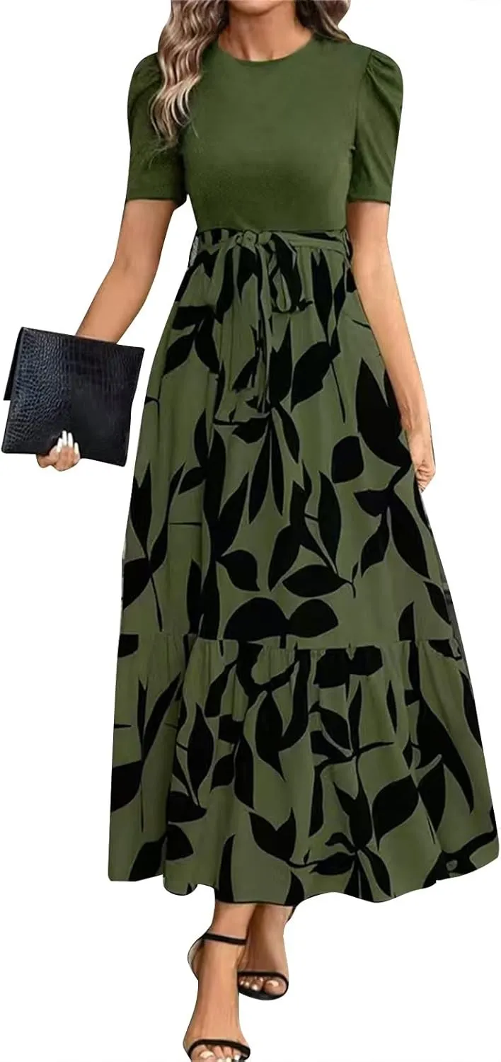 Summer Dresses for Women 2025 Fashion Maxi Dress Ruffle Short Sleeve Casual Floral Print Long Flowy Dresses