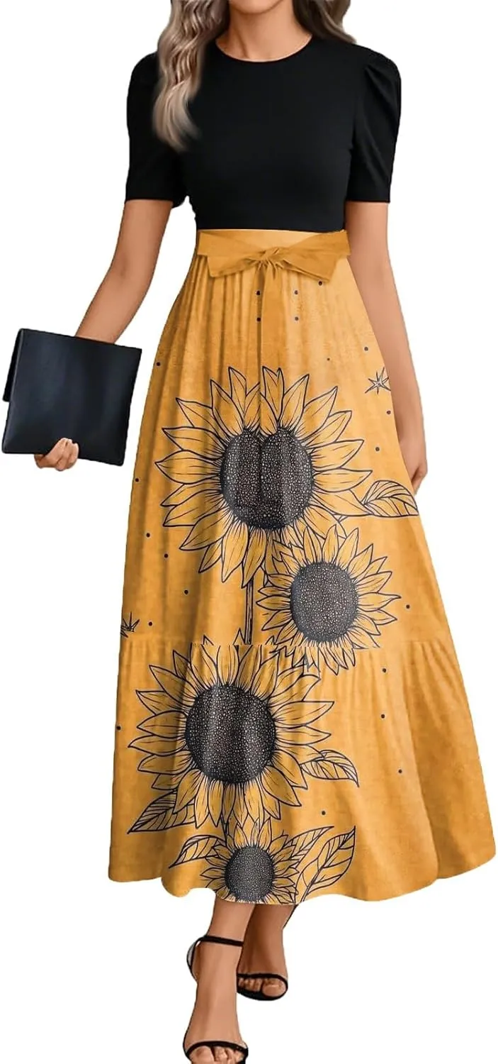 Summer Dresses for Women 2025 Floral Print Wrap Short Sleeve Maxi Dress Patchwork Ruffle Hem A Line Dress Elegant Sundress