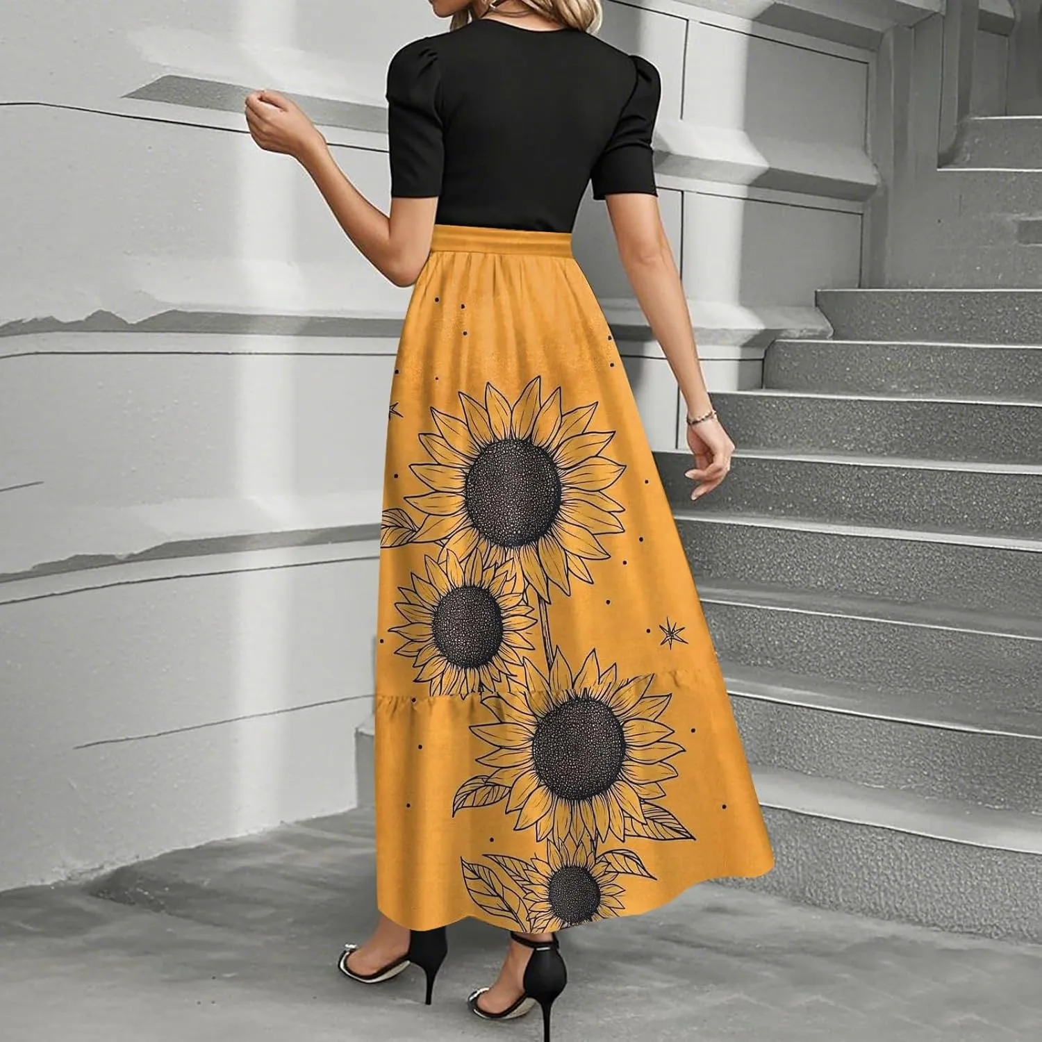 Summer Dresses for Women 2025 Floral Print Wrap Short Sleeve Maxi Dress Patchwork Ruffle Hem A Line Dress Elegant Sundress