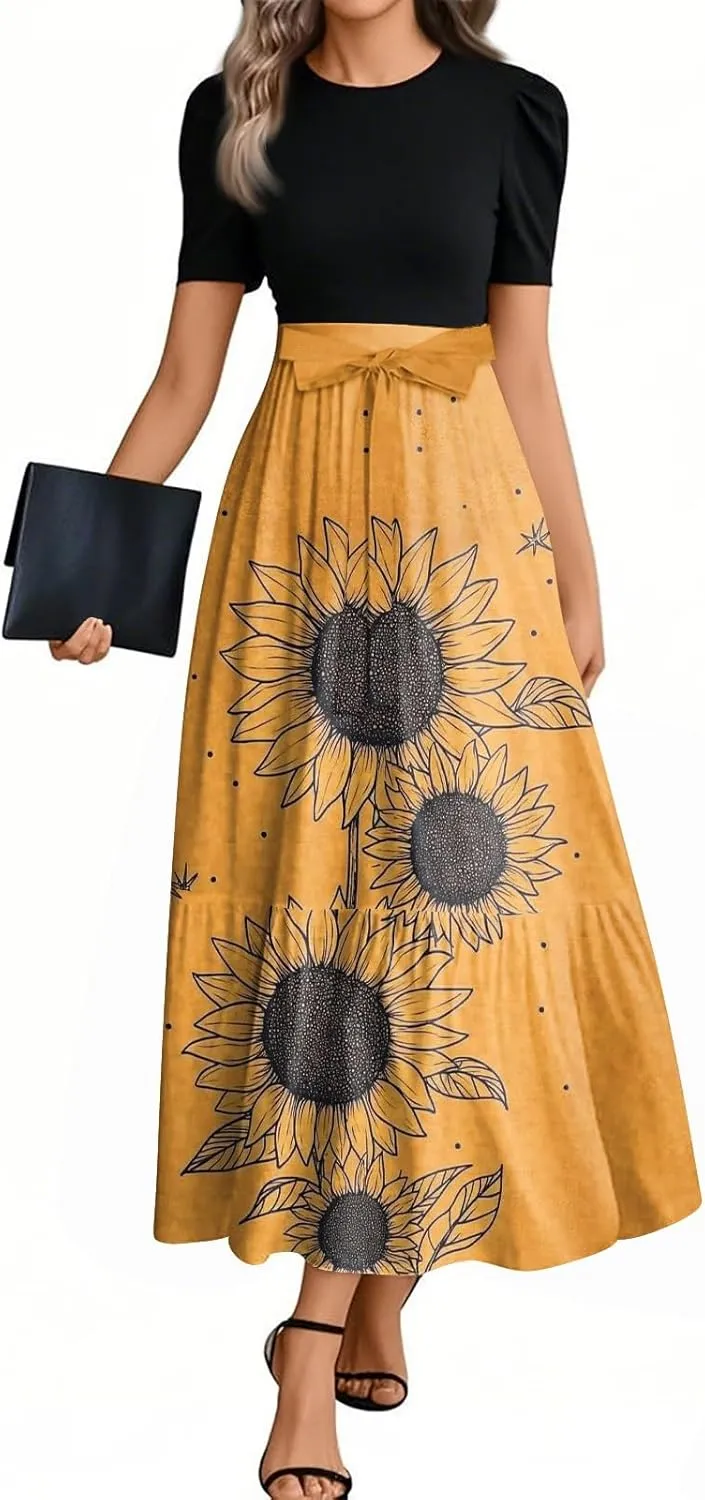 Summer Dresses for Women 2025 Floral Print Wrap Short Sleeve Maxi Dress Patchwork Ruffle Hem A Line Dress Elegant Sundress