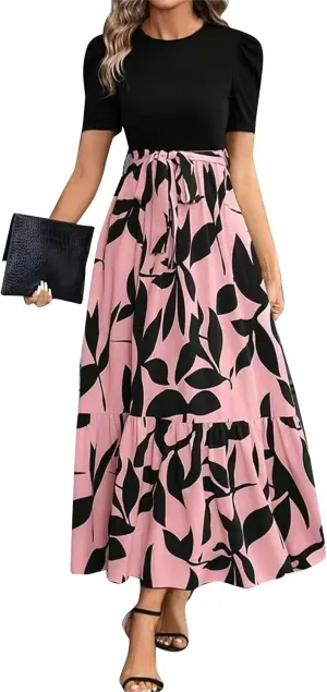 Summer Dresses for Women 2025 Maxi Casual Puff Short Sleeve Floral Dress with Belt Color Block Elegant Dresses