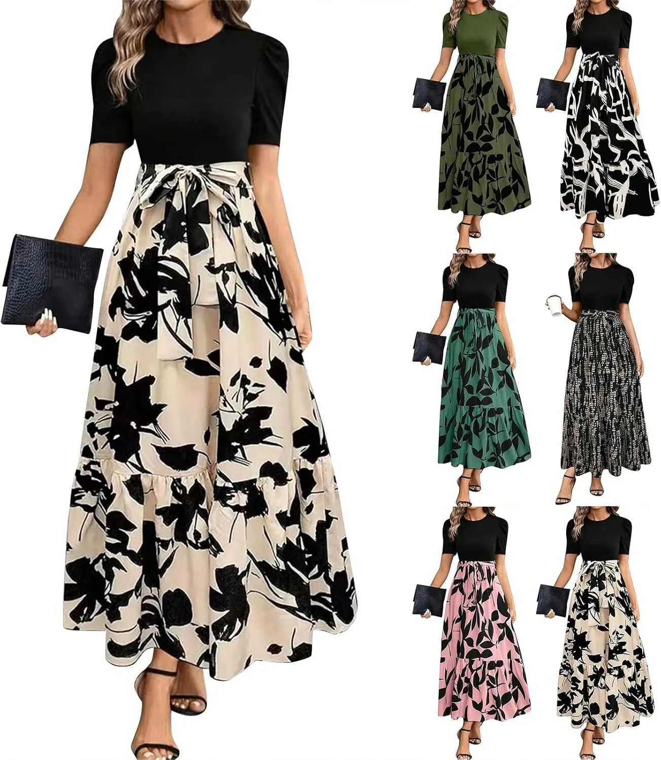 Summer Dresses for Women 2025 Maxi Casual Puff Short Sleeve Floral Dress with Belt Color Block Elegant Dresses
