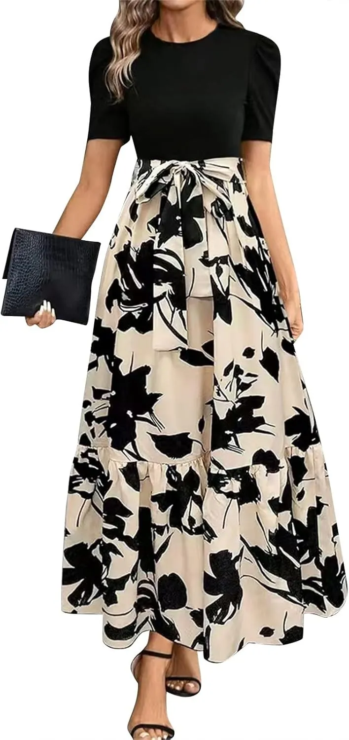 Summer Dresses for Women 2025 Maxi Casual Puff Short Sleeve Floral Dress with Belt Color Block Elegant Dresses