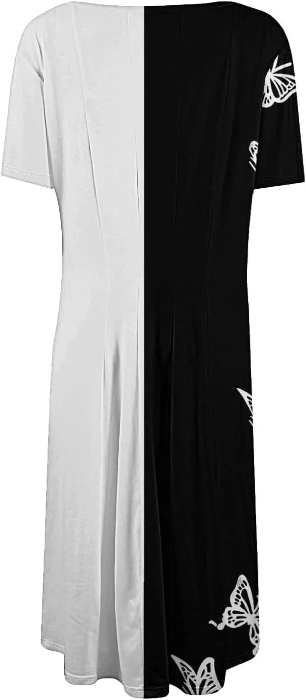 Summer Dresses for Women 2025 Midi Short Sleeve Round Neck Dresses Elegant Pleated with Side Pocket A Line Beach Dress