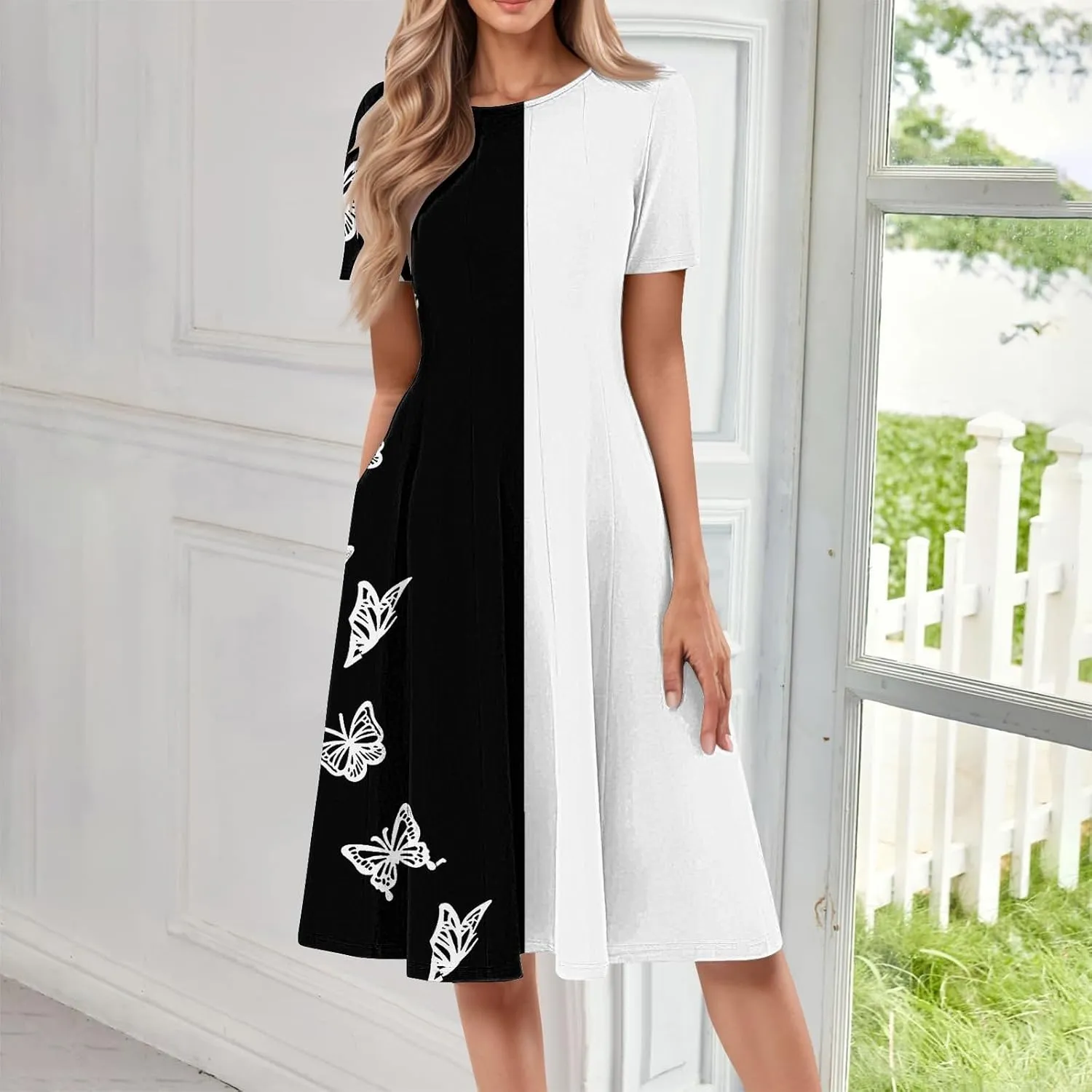 Summer Dresses for Women 2025 Midi Short Sleeve Round Neck Dresses Elegant Pleated with Side Pocket A Line Beach Dress