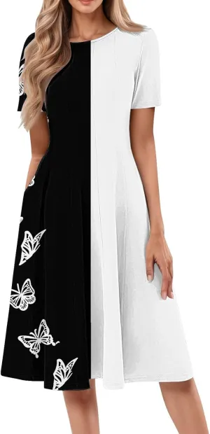 Summer Dresses for Women 2025 Midi Short Sleeve Round Neck Dresses Elegant Pleated with Side Pocket A Line Beach Dress