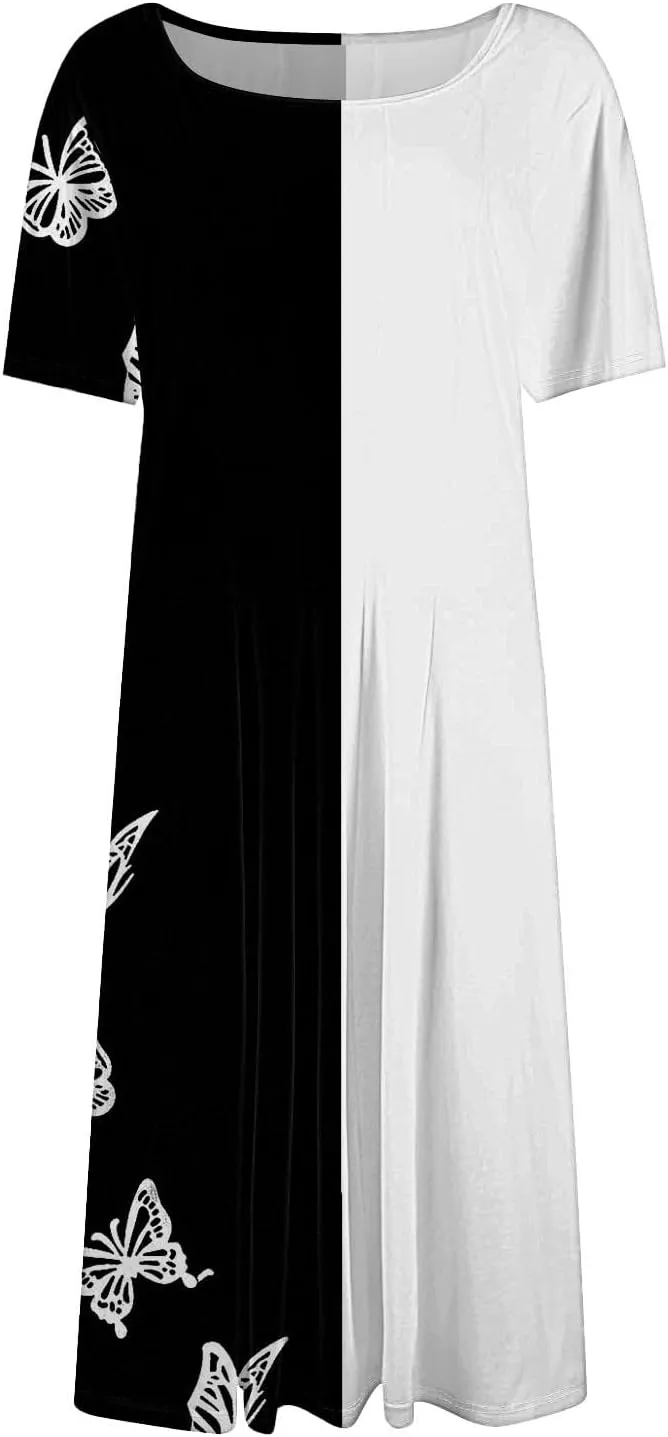 Summer Dresses for Women 2025 Midi Short Sleeve Round Neck Dresses Elegant Pleated with Side Pocket A Line Beach Dress