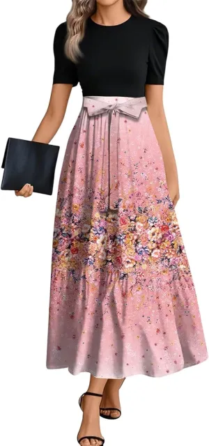 Summer Dresses for Women 2025 Patchwork a Line Dress Flowy Floral Long Sundress Short Sleeve Ruffle Hem Maxi Dress