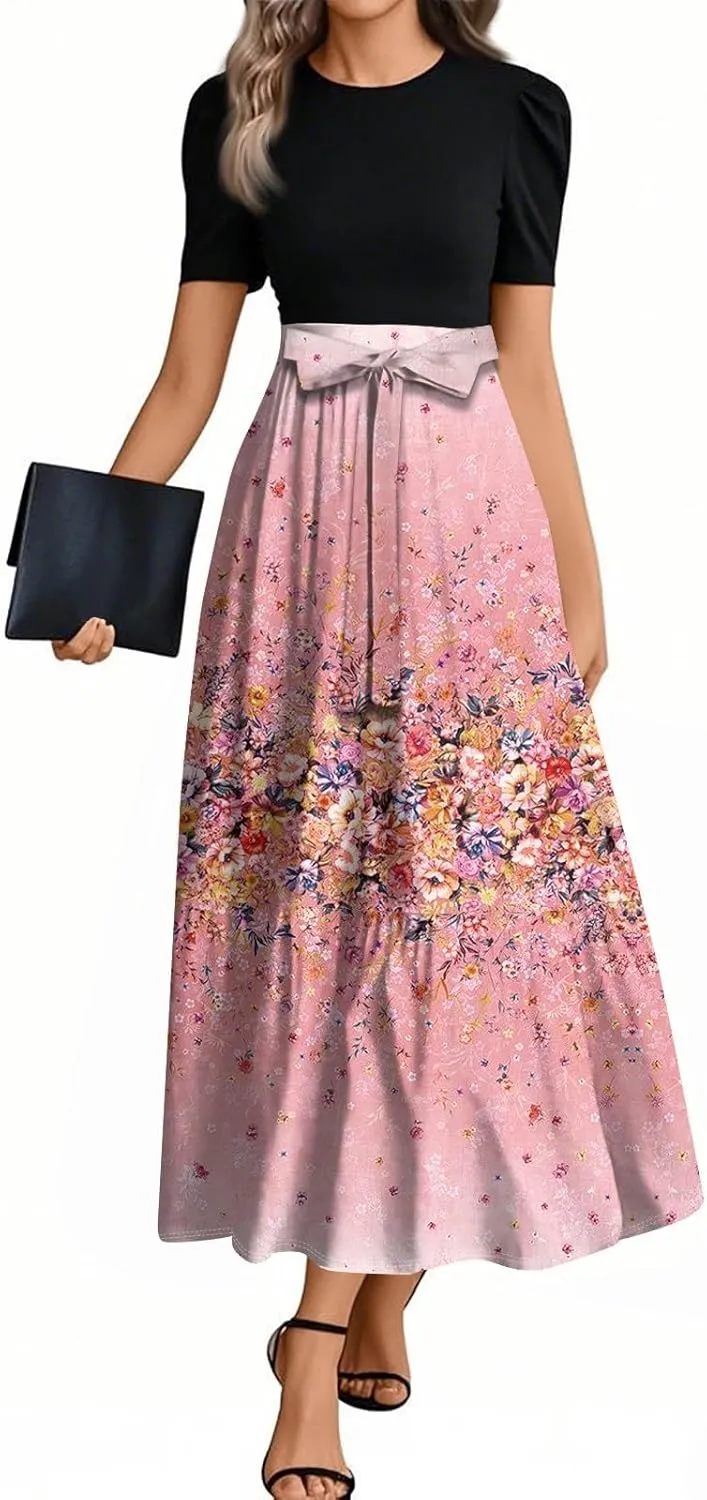 Summer Dresses for Women 2025 Patchwork a Line Dress Flowy Floral Long Sundress Short Sleeve Ruffle Hem Maxi Dress