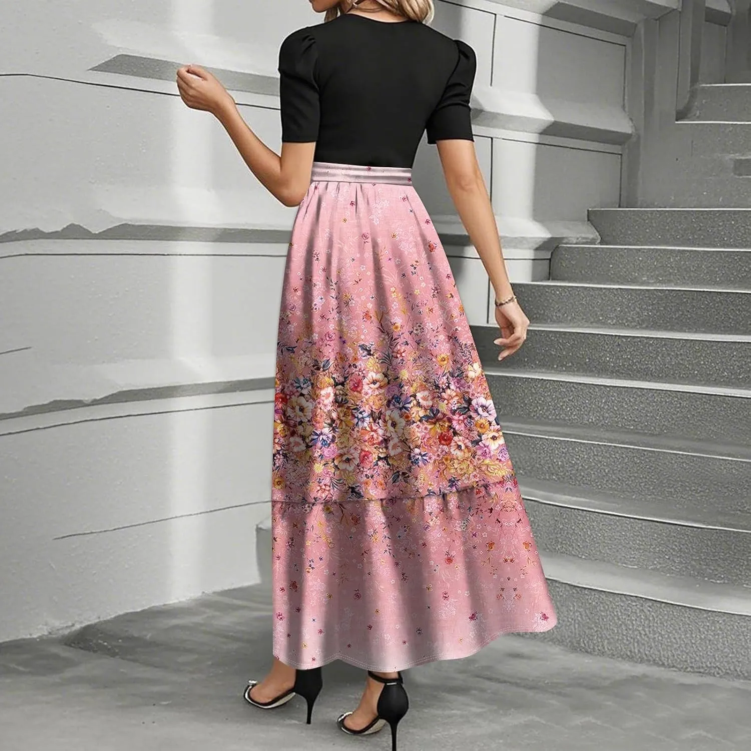 Summer Dresses for Women 2025 Patchwork a Line Dress Flowy Floral Long Sundress Short Sleeve Ruffle Hem Maxi Dress
