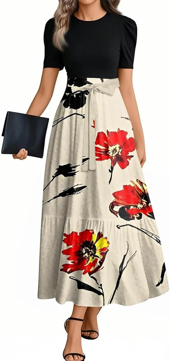 Summer Dresses for Women 2025 Patchwork Long Sundress Ruffle Hem a Line Dress Short Sleeve Flowy Floral Maxi Dress