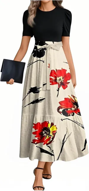 Summer Dresses for Women 2025 Patchwork Long Sundress Ruffle Hem a Line Dress Short Sleeve Flowy Floral Maxi Dress