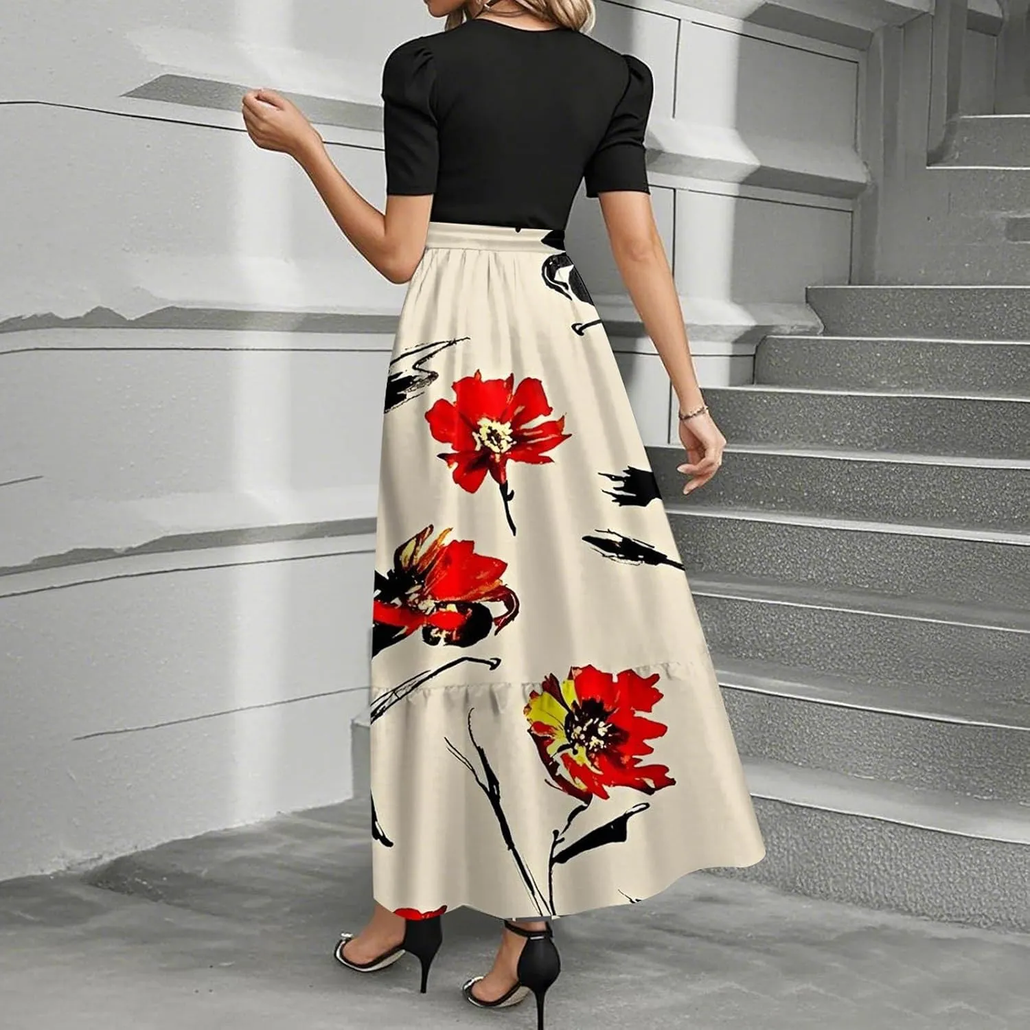 Summer Dresses for Women 2025 Patchwork Long Sundress Ruffle Hem a Line Dress Short Sleeve Flowy Floral Maxi Dress