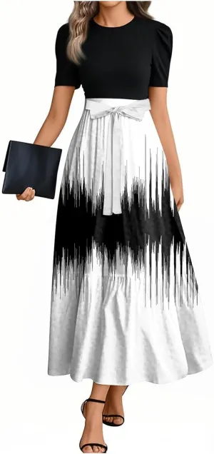 Summer Dresses for Women 2025 Patchwork Long Sundress Ruffle Hem a Line Dress Short Sleeve Flowy Floral Maxi Dress