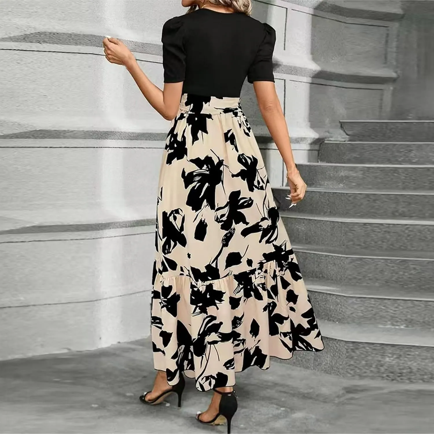 Summer Dresses for Women 2025 Puff Sleeve Empire Waist Flower Maxi Dress Elegant Tiered Long Dressy A Line Dress