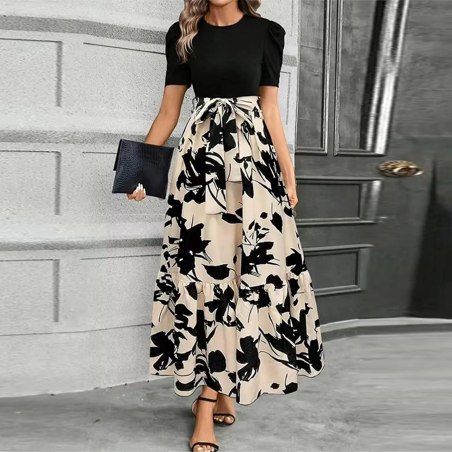 Summer Dresses for Women 2025 Puff Sleeve Empire Waist Flower Maxi Dress Elegant Tiered Long Dressy A Line Dress