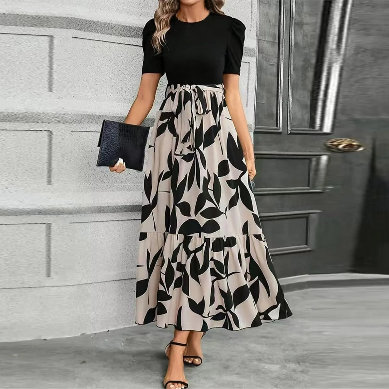 Summer Dresses for Women 2025 Puff Sleeve Empire Waist Flower Maxi Dress Elegant Tiered Long Dressy A Line Dress