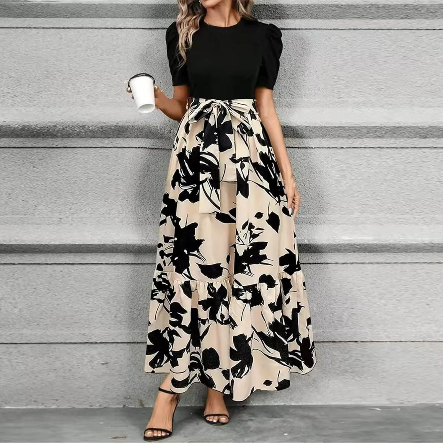 Summer Dresses for Women 2025 Puff Sleeve Empire Waist Flower Maxi Dress Elegant Tiered Long Dressy A Line Dress