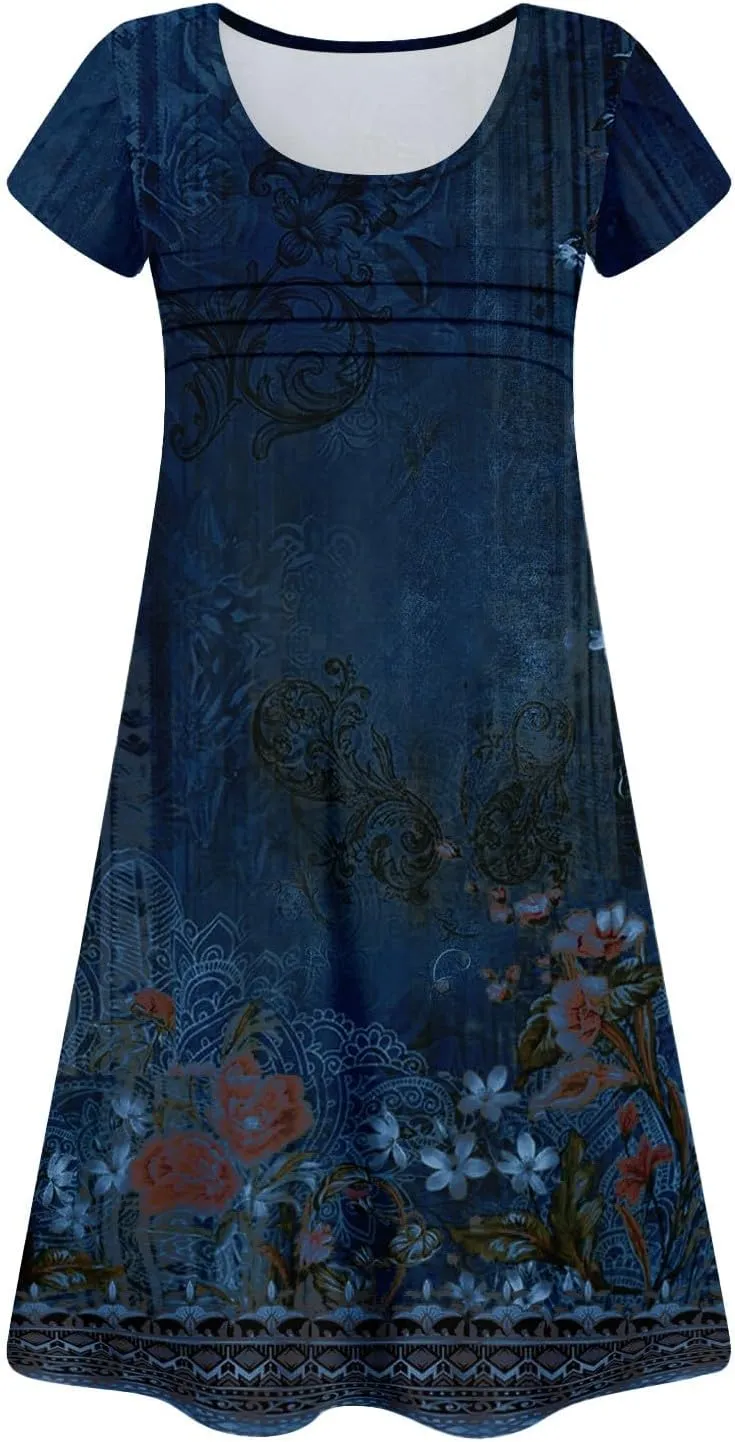 Summer Dresses for Women 2025 Trendy Printed Short Sleeve Spring Mini Dress Crewneck Casual Beach Vacation Dresses