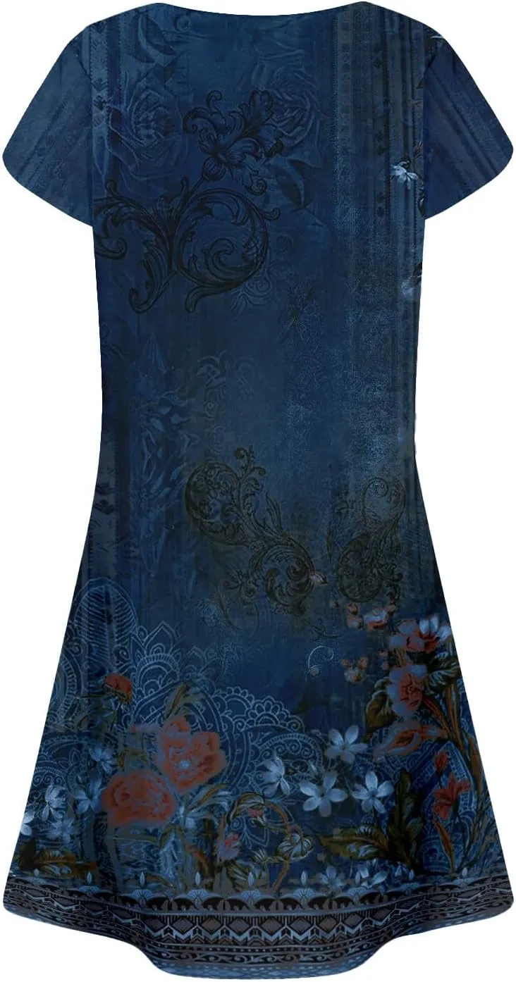 Summer Dresses for Women 2025 Trendy Printed Short Sleeve Spring Mini Dress Crewneck Casual Beach Vacation Dresses