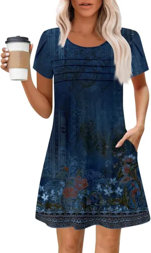 Summer Dresses for Women 2025 Trendy Printed Short Sleeve Spring Mini Dress Crewneck Casual Beach Vacation Dresses
