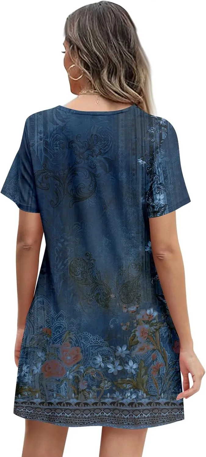 Summer Dresses for Women 2025 Trendy Printed Short Sleeve Spring Mini Dress Crewneck Casual Beach Vacation Dresses