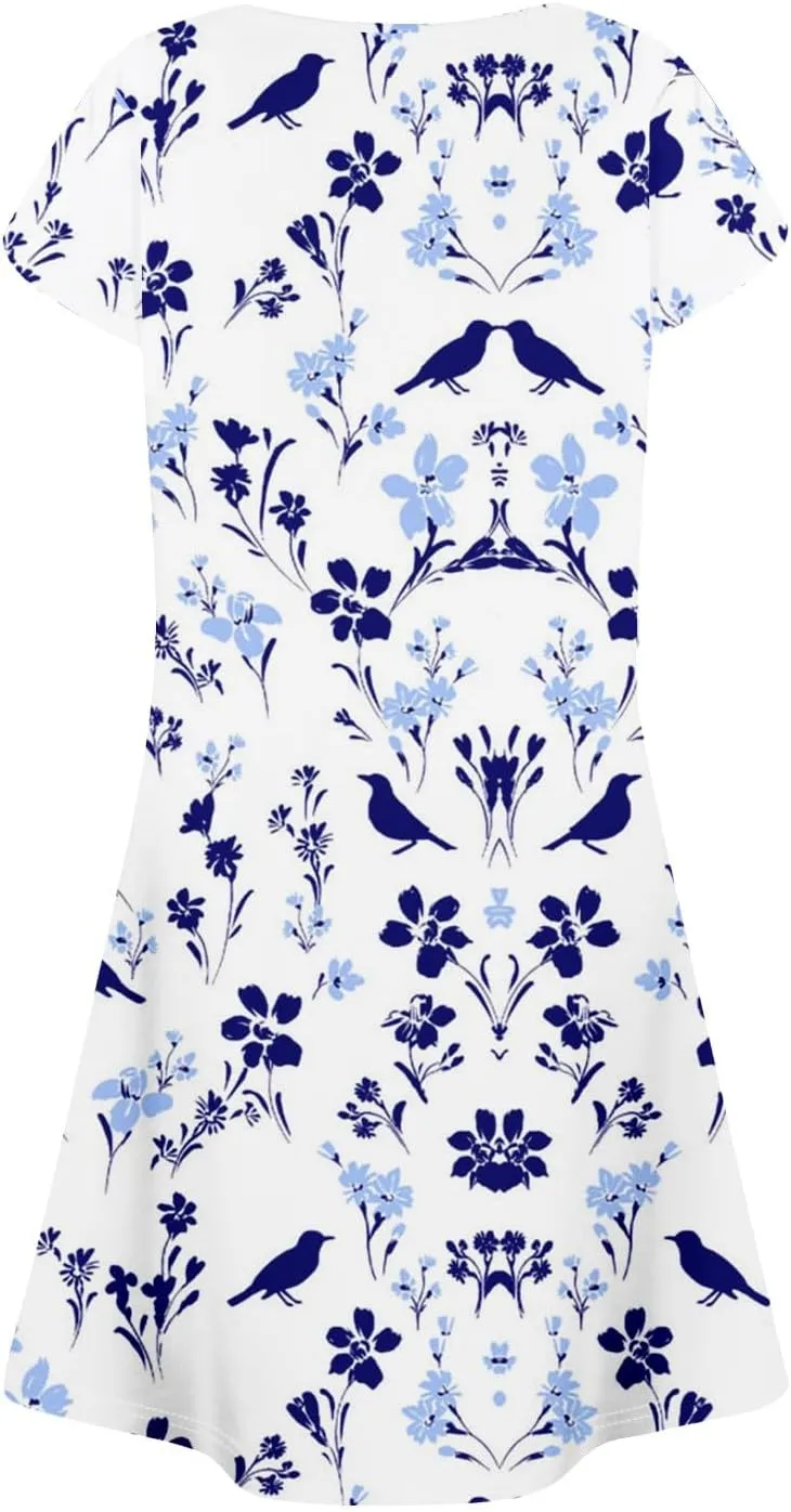 Summer Dresses for Women 2025 Trendy Printed Short Sleeve Spring Mini Dress Crewneck Casual Beach Vacation Dresses